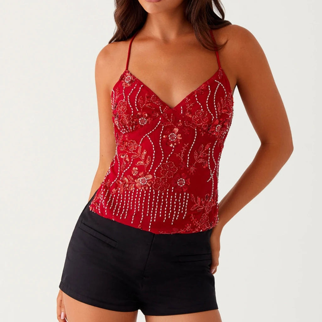 Carmen Pearl Glitter Sequin Flower Camis